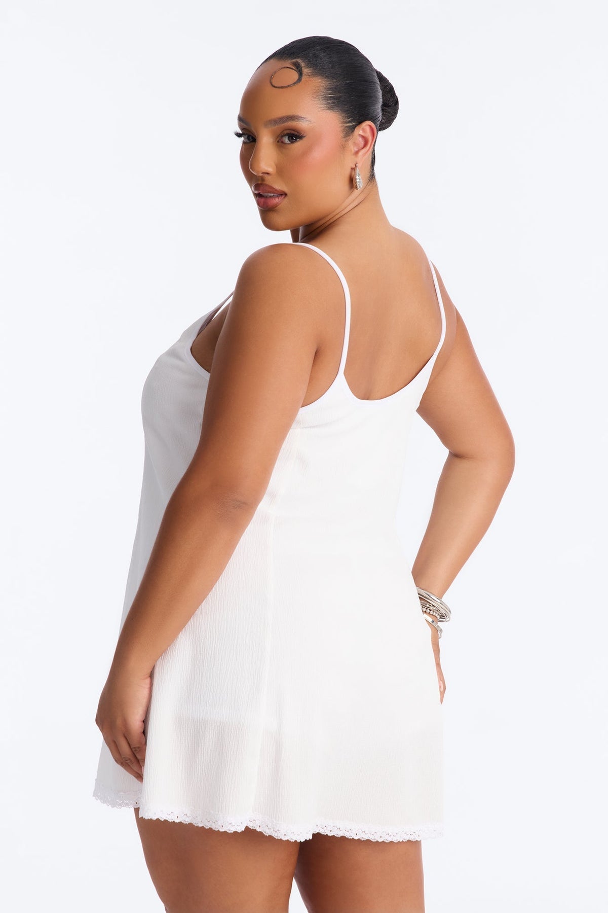 Rachel Lace Trim Textured Mini Dress - Off White