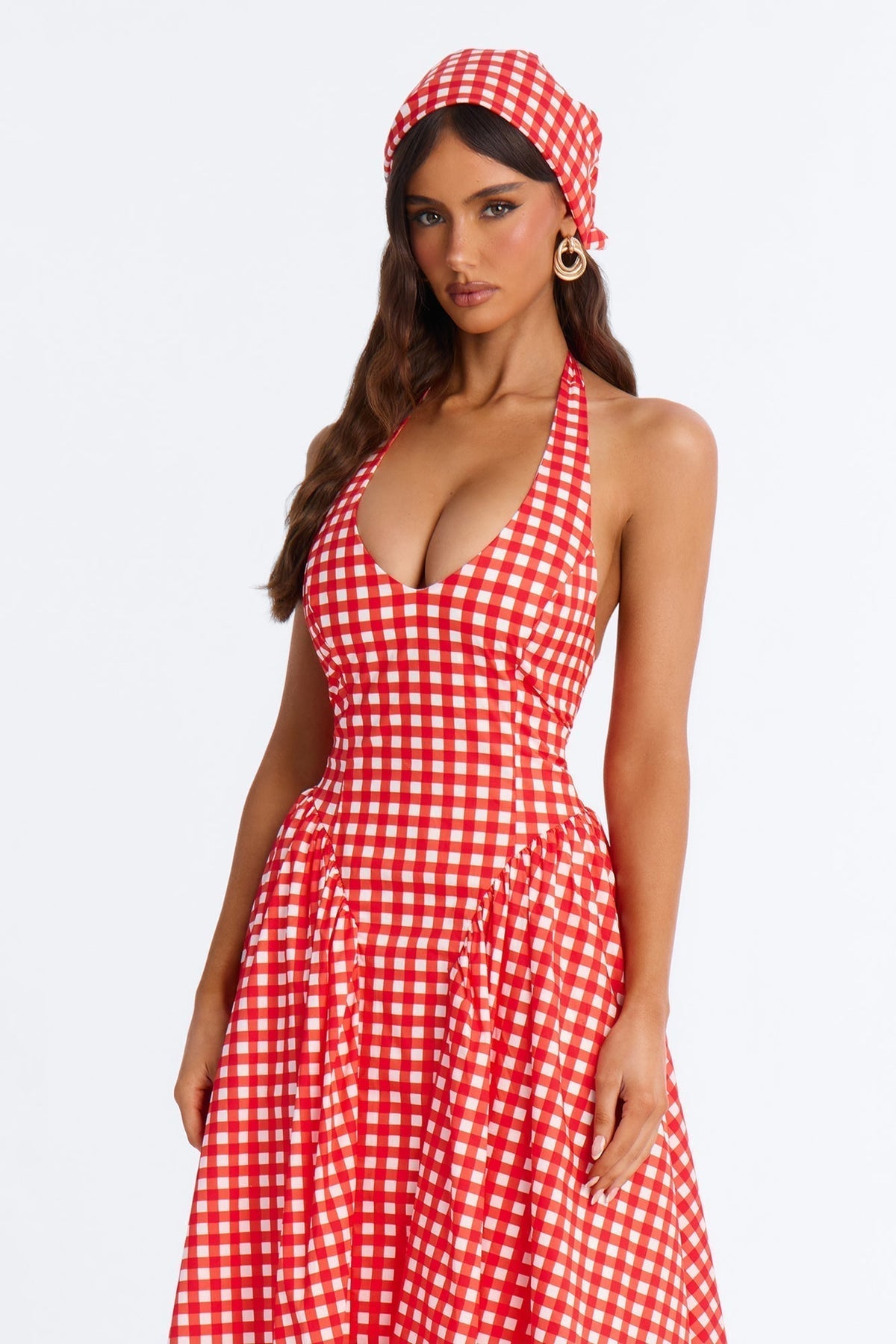 Mara Corset Gingham Midi Dress - Red/combo