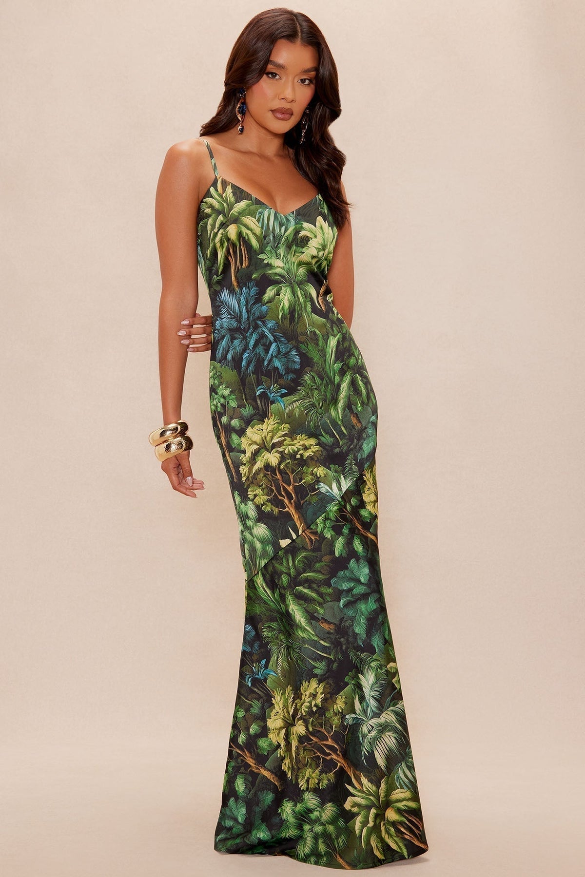 Nali Tropical Satin Maxi Dress - Black/combo