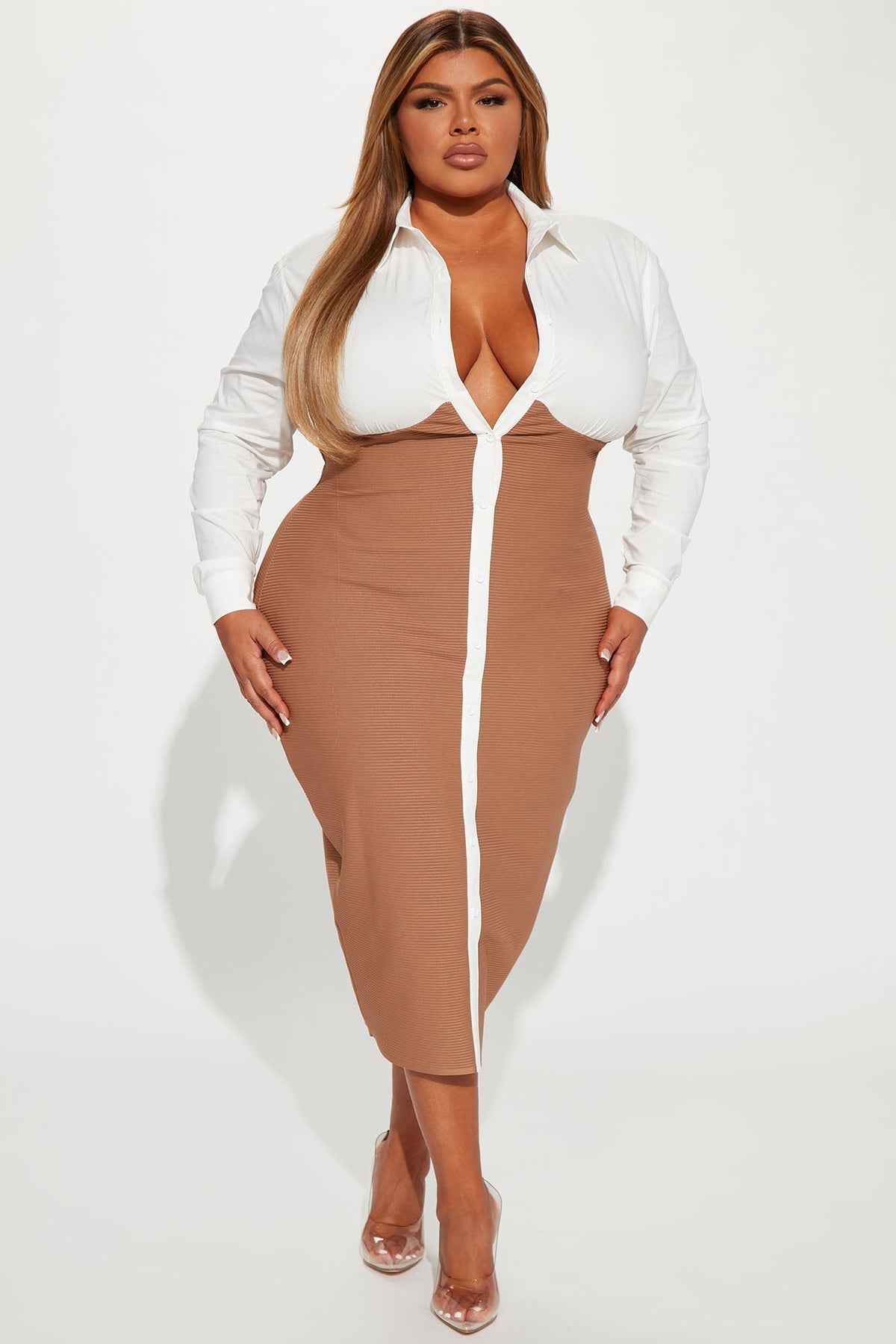 Let's Get Serious Midi Shirt Dress - White/combo