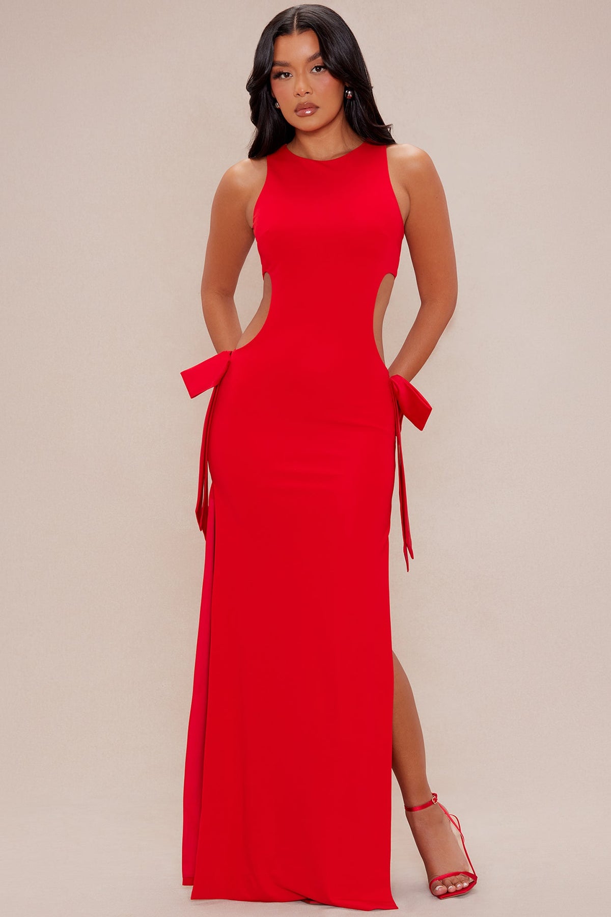 Celine Cut Out Bow Maxi Dress - Red