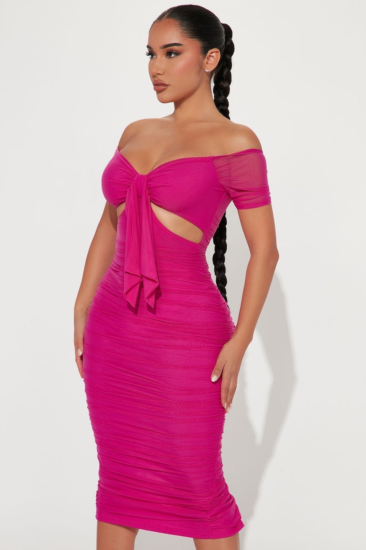 Simple And Sweet Mesh Ruched Dress - Fuchsia