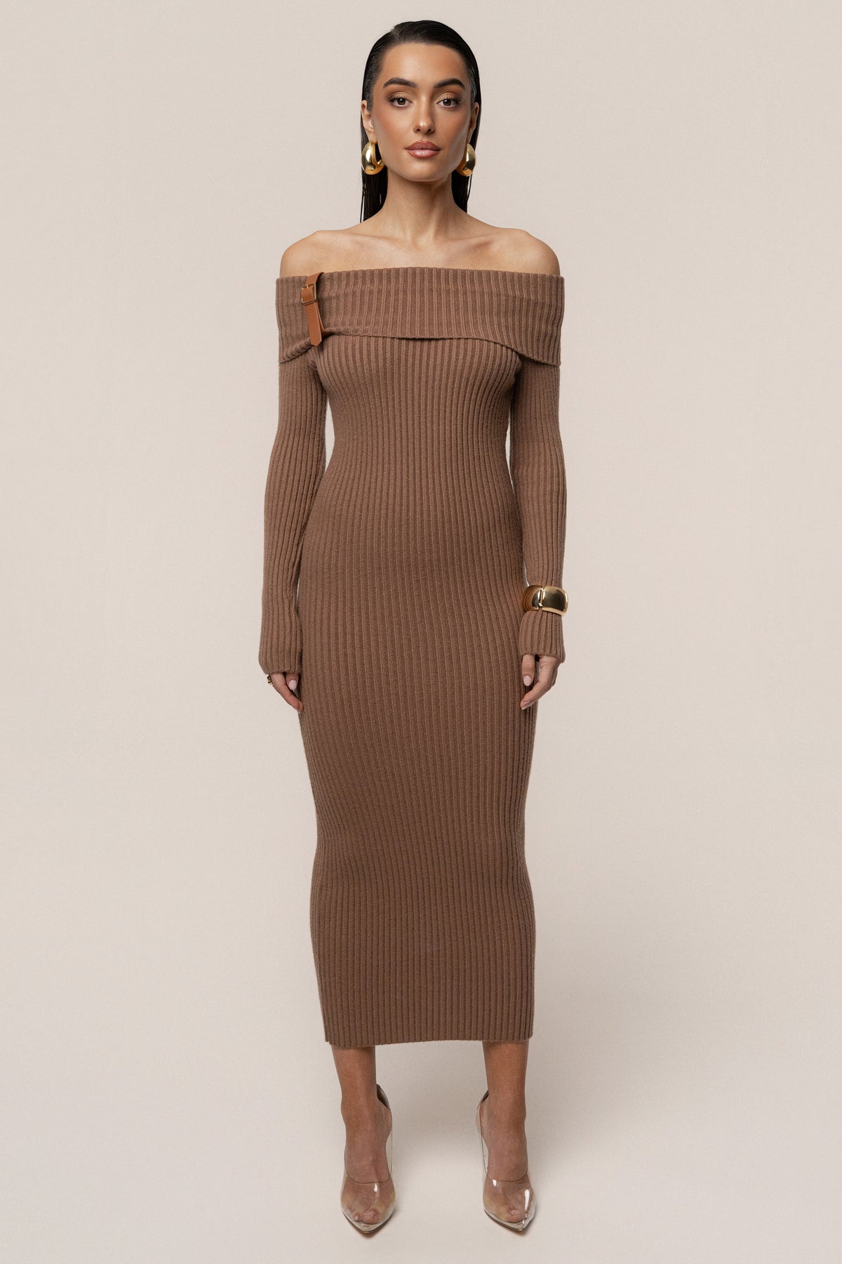 Tan Kira Ribbed Midi Dress