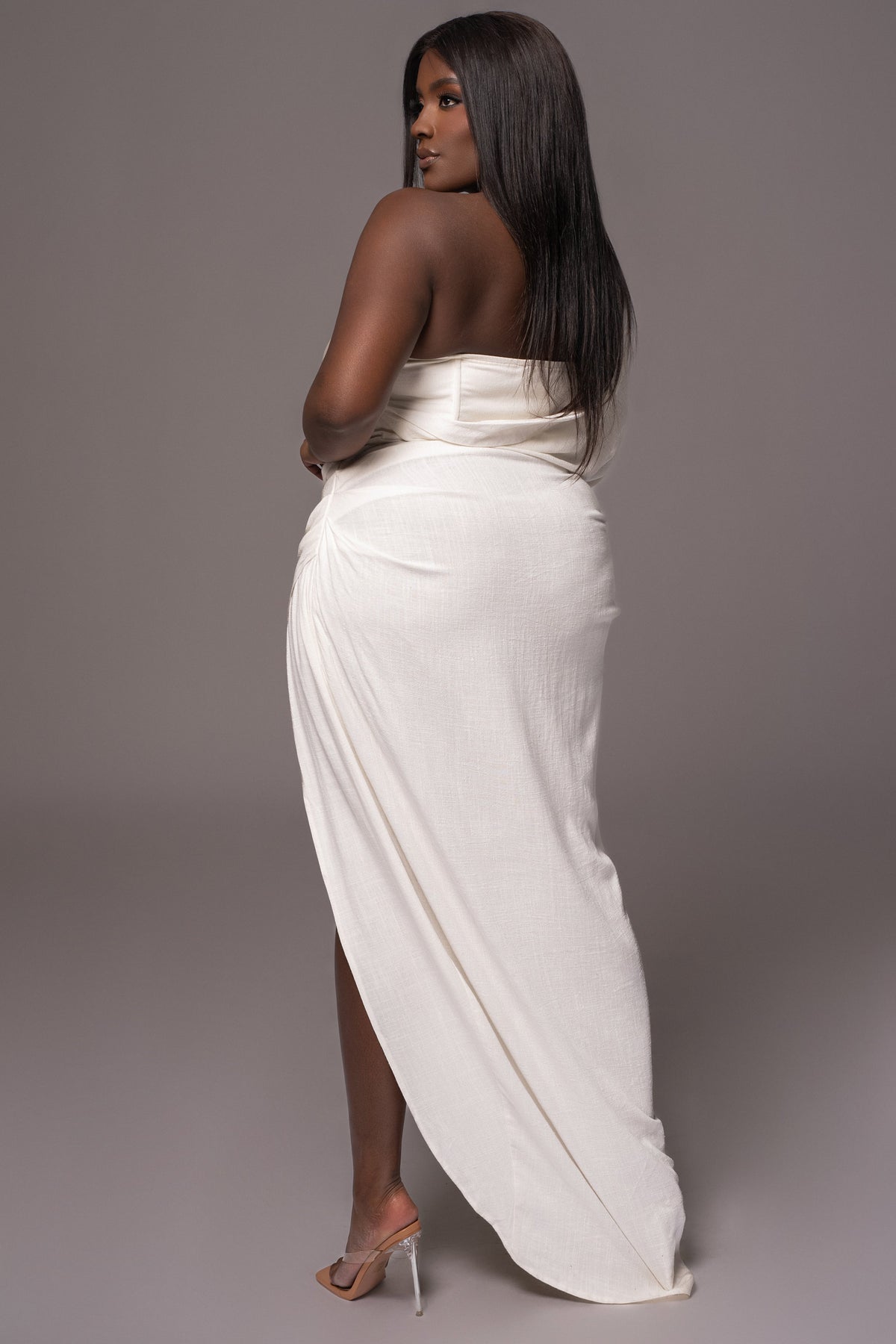 White Evita Linen Draped Dress