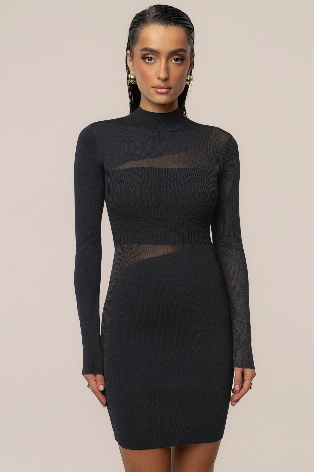 Black Sheer Knit Mock Neck Dress