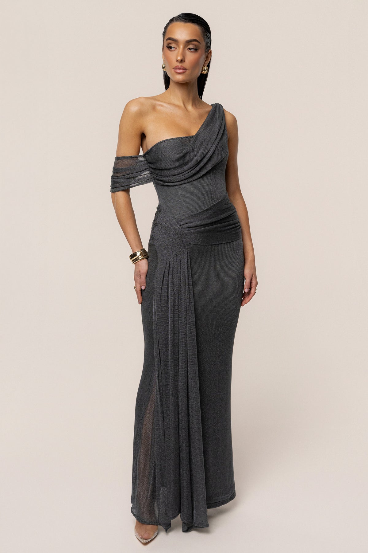 Gun Metal Draped Metallic Maxi Dress