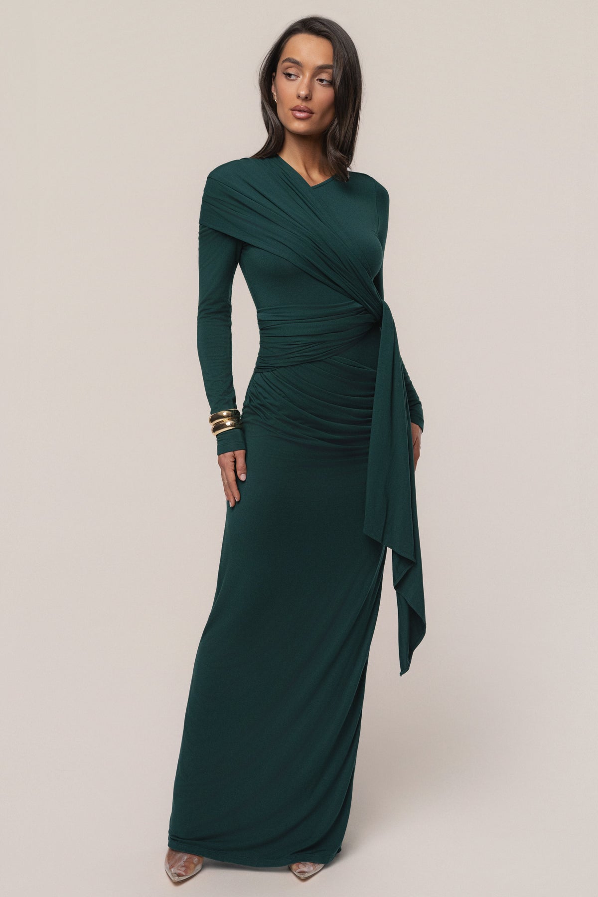 Emerald Glitz Asymmetric Maxi Dress