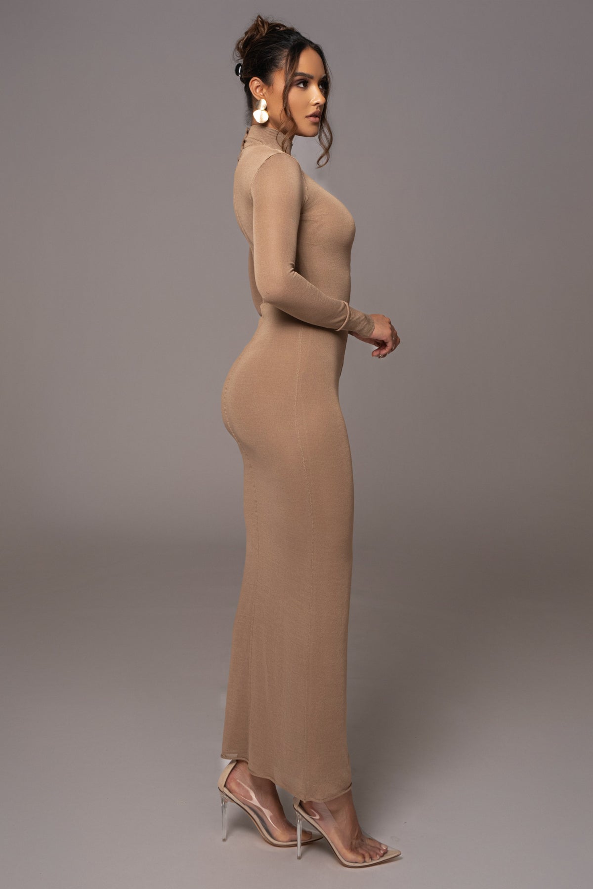 Camel Fame Mock Neck Maxi Dress