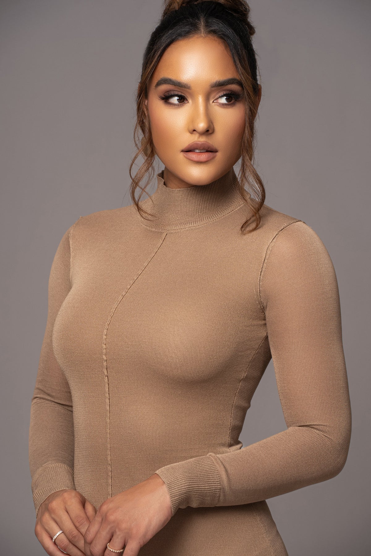 Camel Fame Mock Neck Maxi Dress