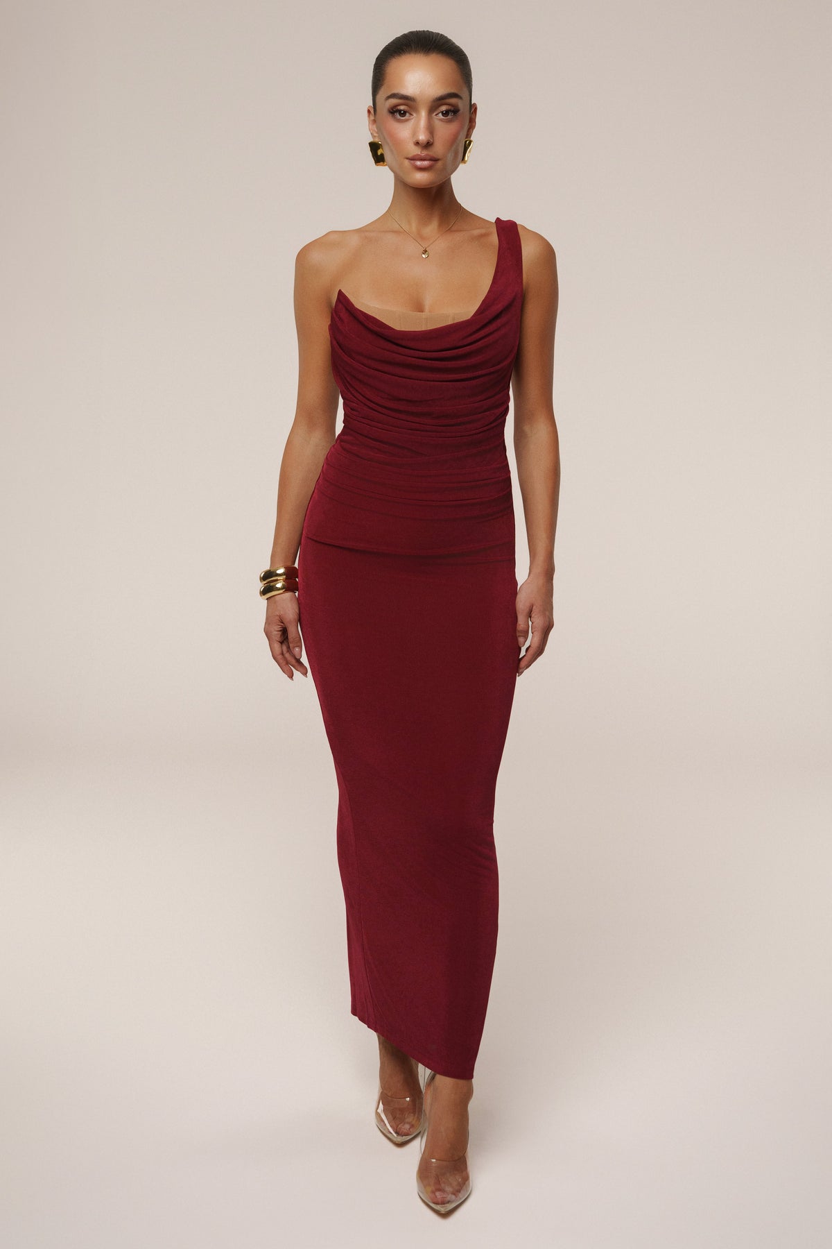 Burgundy Slinky Krishna One Shoulder Maxi Dress