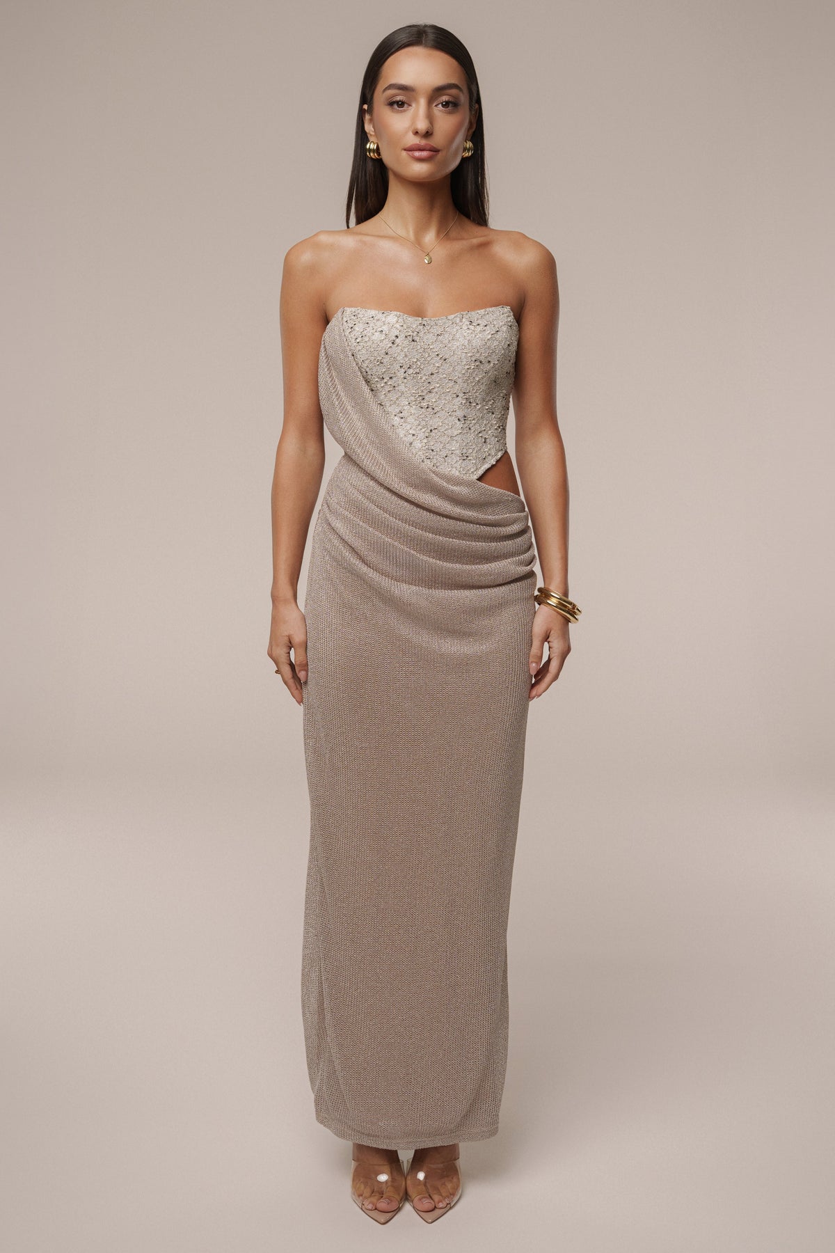 Beige Stellar Sequin Maxi Dress