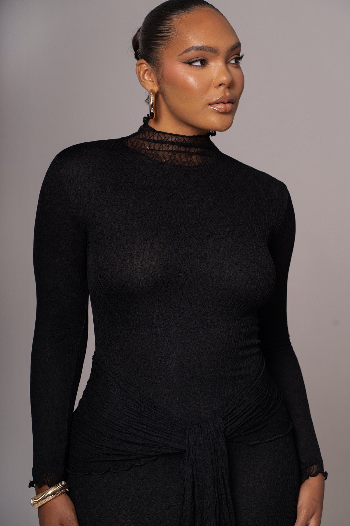 Black Drape Mock Neck Dress