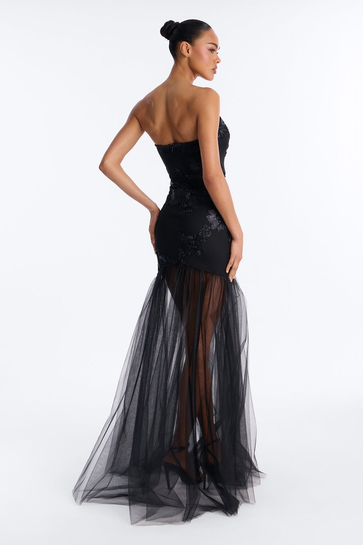 Elena Embroidered Mermaid Gown - Black