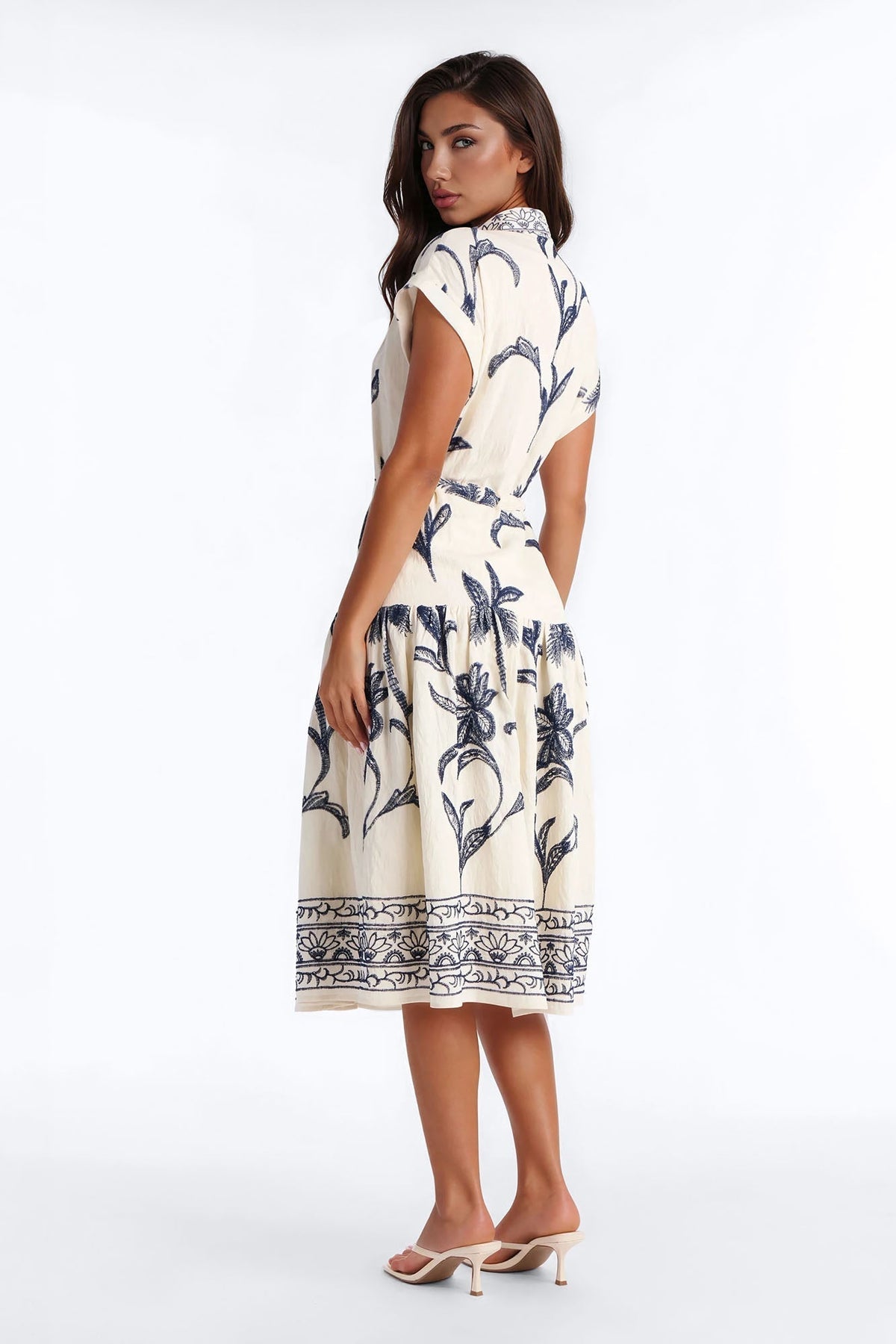 Maria Embroidered Midi Dress - White/Blue