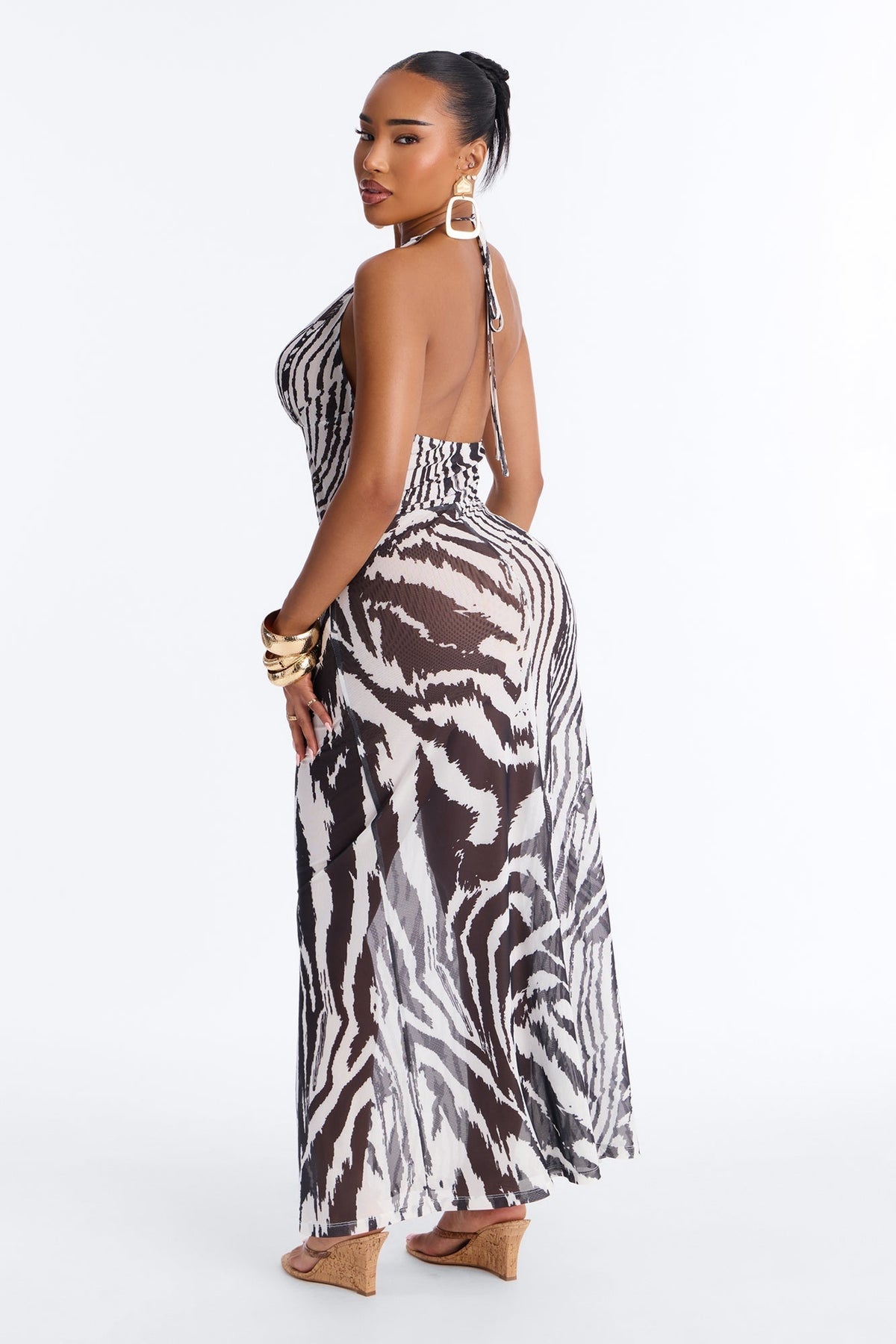 Alara Halter Mesh Maxi Dress - White/Black