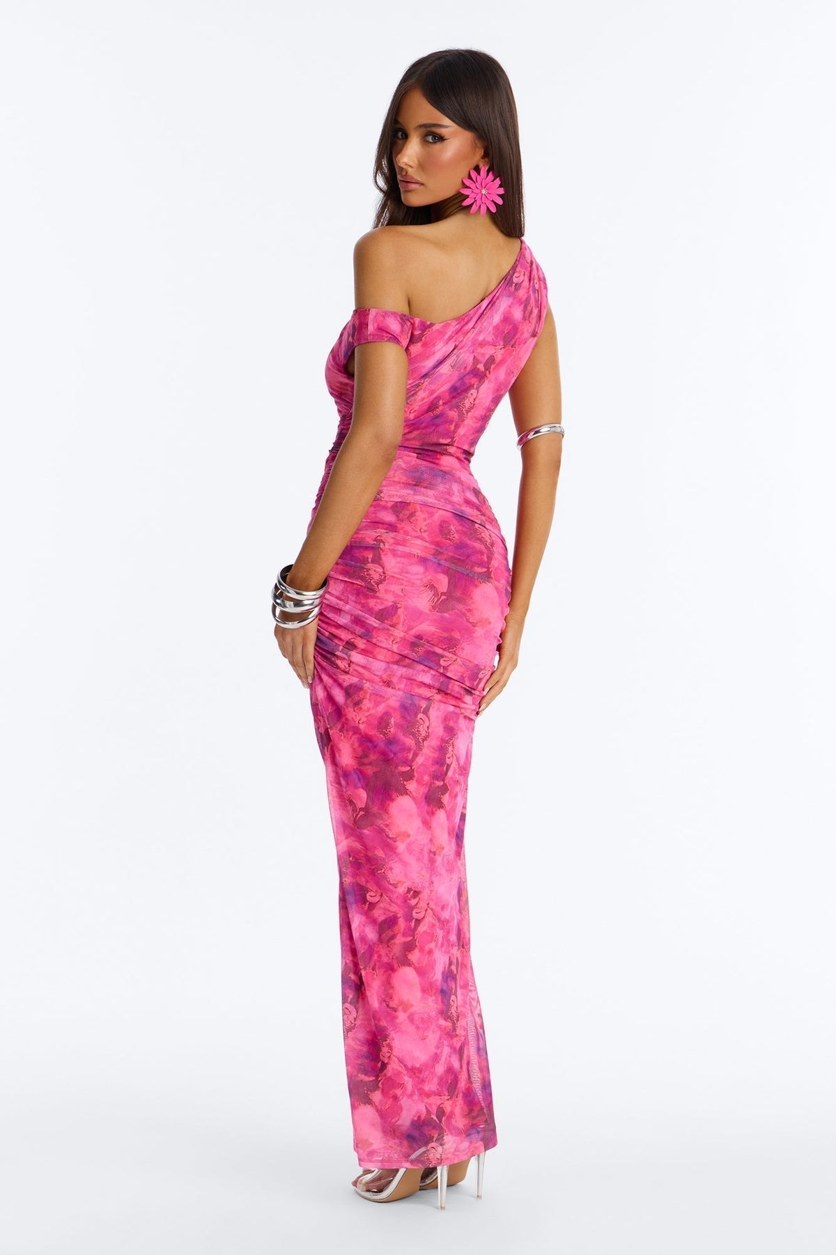 Natalia Ruched Mesh Maxi Dress - Pink/combo