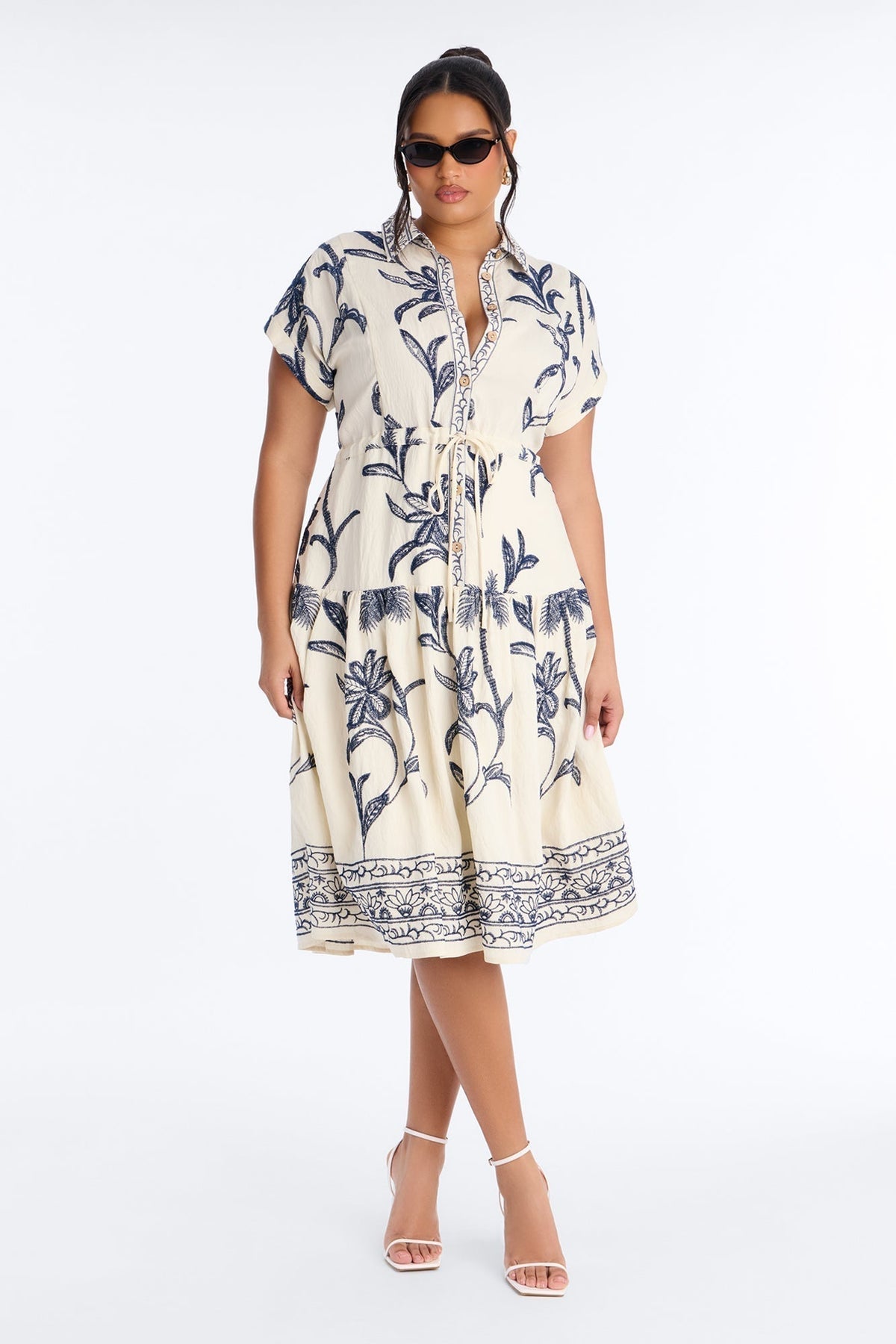 Maria Embroidered Midi Dress - White/Blue