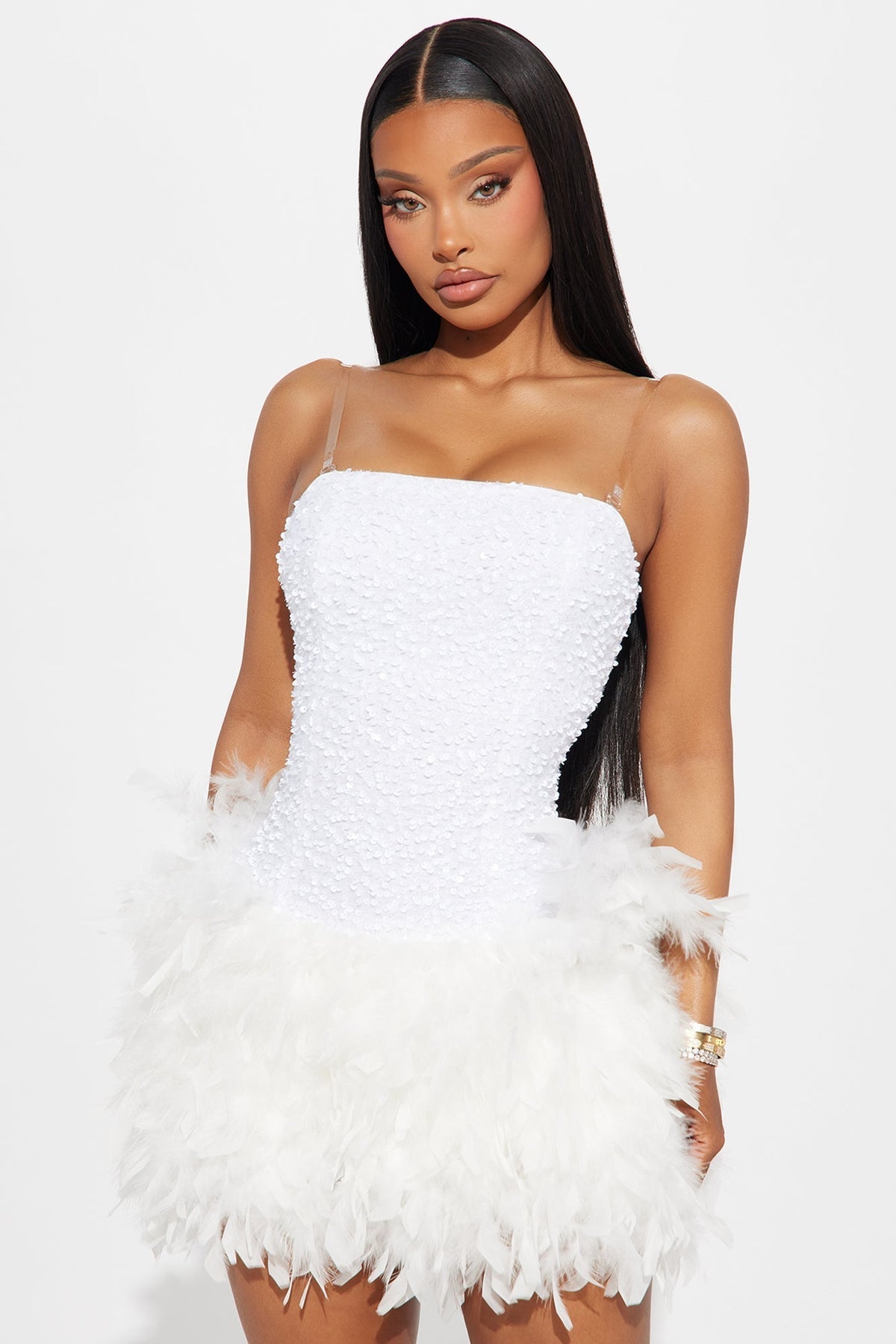 Zoey Feathered Sequin Mini Dress - White