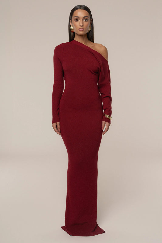 Red Night Shimmers Asymmetrical Maxi Dress