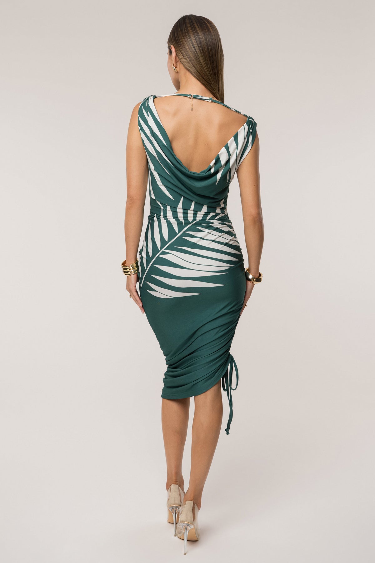Green Palm Print Ruched Dress
