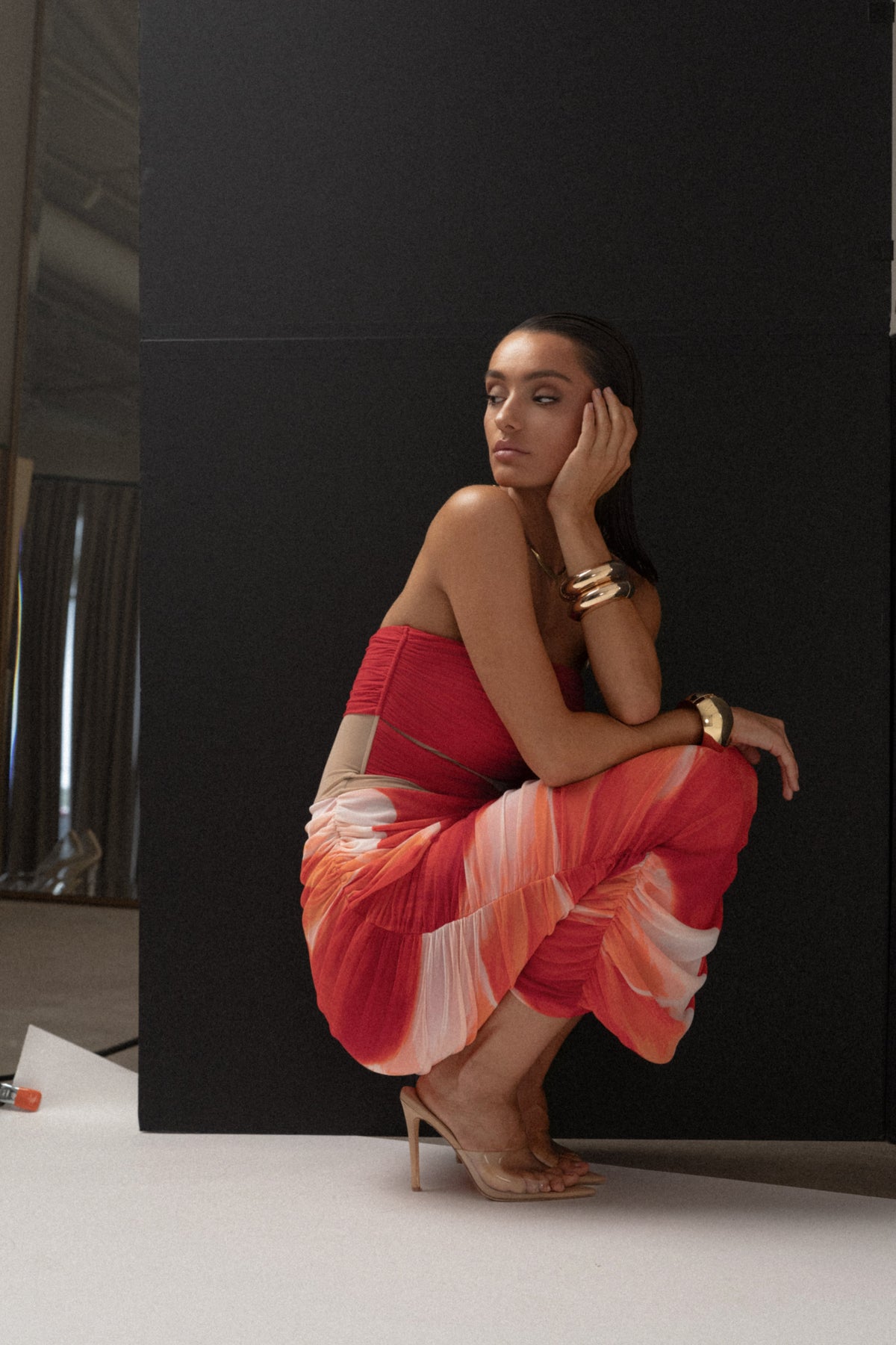 Sunset Red Timeless Form Ruched Midi Dress
