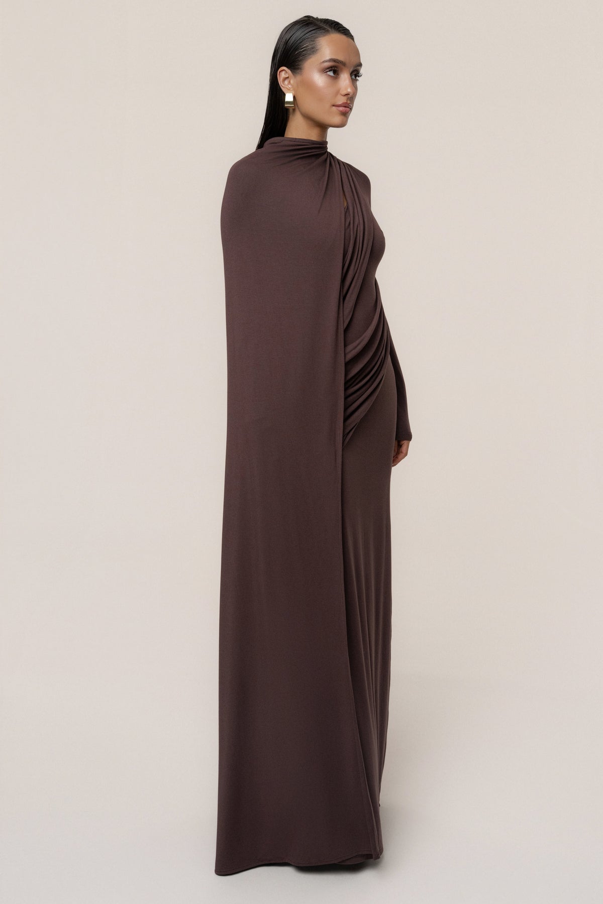 Chocolate Draped Elegance Cape Dress