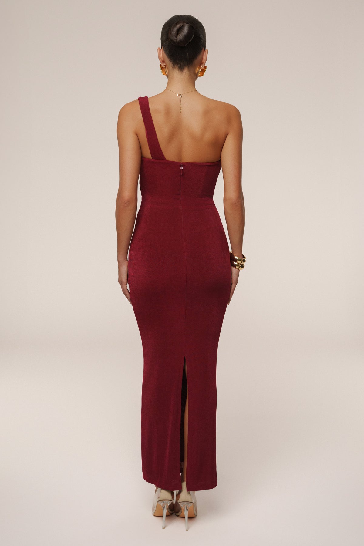 Burgundy Slinky Krishna One Shoulder Maxi Dress